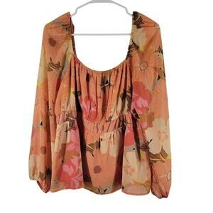 DR2 Peasant Floral Blouse Womens Large Orange Pink‎ Babydoll BOHO